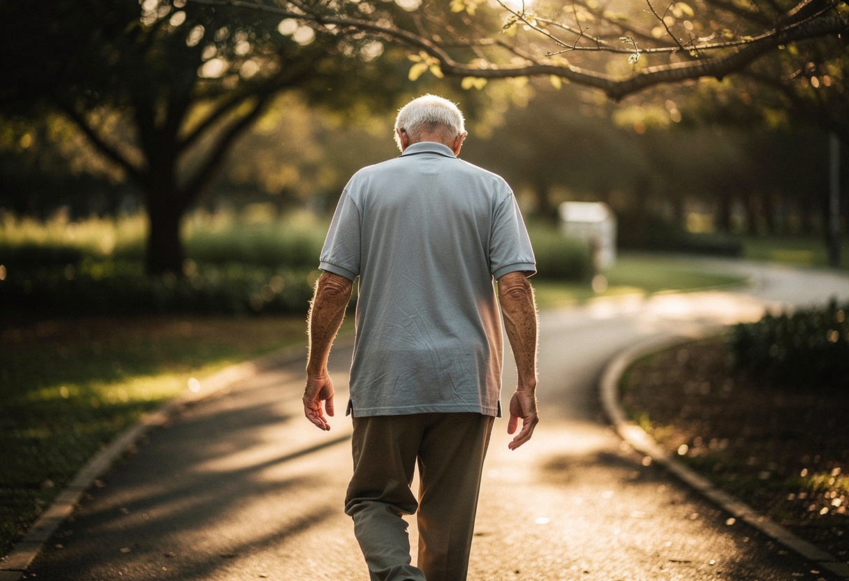 Paciente caminhando ao ar livre após recuperação de cirurgia de prótese de quadril