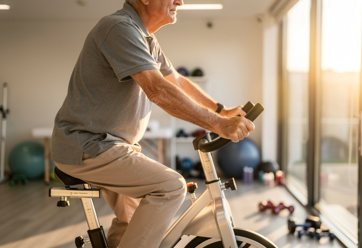 Paciente pedalando em bicicleta ergométrica como exercício de baixo impacto para dor no quadril